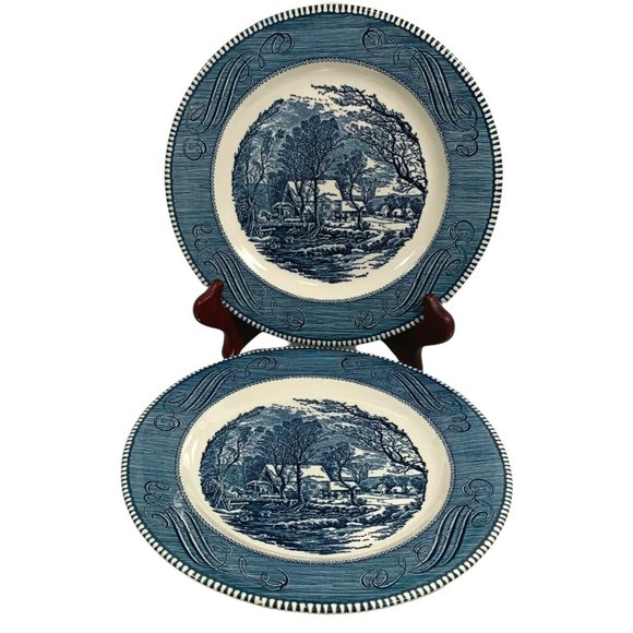 Currier & Ives Old Grist Mill Dinner Plates Lot of 2 Blue White Royal China 10" - Picture 1 of 10